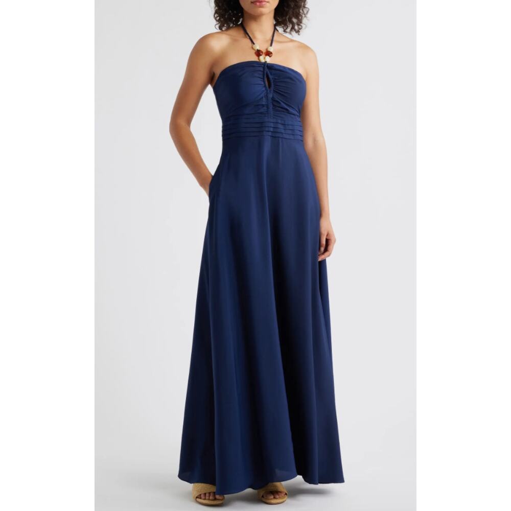 Eliza J Maxi Dress Navy Halter Pleated Embellished Formal Cocktail US 10 NWT